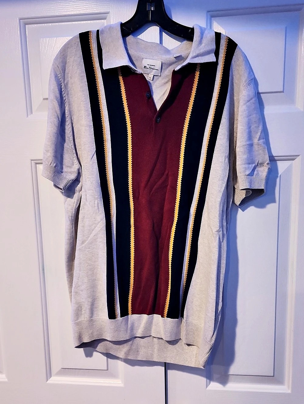 Ben Sherman Short Sleeve Vertical Stripe Knitted Polo Gray & Burgundy XL